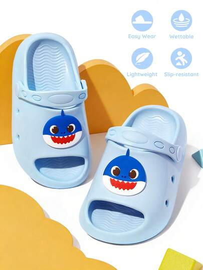 BABY SHARK X SHEIN Cute Cartoon Shark Blue Children's Foot Slippers, Suitable For Young Children And Children, Quick-Drying, Unisex, Light And Durable EVA Material, Suitable For Indoor And Outdoor Wear At Home, Bathroom, Playground, Swimming Pool, Beach, Etc.