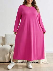 SHEIN CURVE+ Đầm midi dáng chữ A dài tay màu đen cỡ lớn, thời trang thu đông. - Màu Hồng Tươi - Xem 4