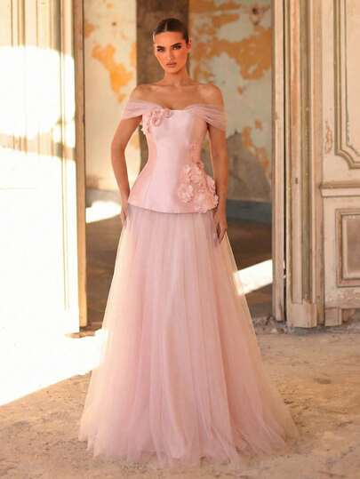 Aureia Elegant, Romantic, Fashionable, Dignified Pink Satin & Mesh Patchwork Handmade 3D Floral Oversized A-Line Formal Party Wedding Guest Dress, Pink Evening Gown