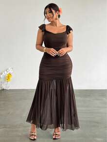 Firerie Robe évasée élégante à taille froncée et nouée pour femmes grandes tailles, en maille. Convient pour les fêtes, les vacances, les festivals de musique, la saison des mariages, les brunchs - Marron - Voir 3