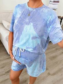 SHEIN 2件套孕妇夏季休闲扎染印花T恤和短裤套装 - 彩色 - 查看 3