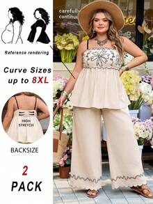 SHEIN CURVE+ Curve 尺码 US22 音乐节、海滨度假、波西米亚风 2 件套 女士刺绣吊带背心和裤子休闲套装（2 件套），休闲装，海滩度假波西米亚风 - 杏色 - 查看 2