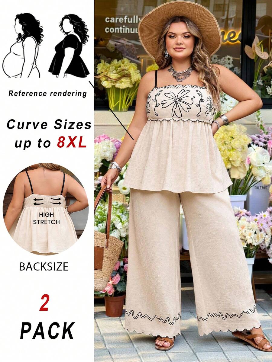 SHEIN CURVE+ Curve 尺码 US22 音乐节、海滨度假、波西米亚风 2 件套 女士刺绣吊带背心和裤子休闲套装（2 件套），休闲装，海滩度假波西米亚风