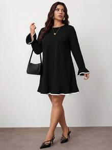 Enliva Vestido de línea A con cuello redondo para mujer talla grande con ribete blanco y puños y bajo con volantes, adecuado para la oficina, fiestas, banquetes, San Valentín, etc. Vestido negro de manga larga con volantes, para silueta de manzana y redondeada - Negro - Ver 6