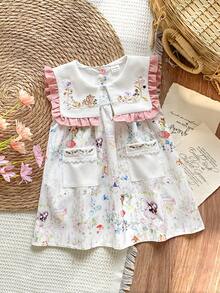 SHEIN Vintaside Kids 女宝宝夏季新款多色编织宽松简约可爱娃娃裙，正面饰有花草刺绣蕾丝边，后背设有小口袋，搭配开襟领，甜美可爱，休闲时尚，充满乡村森林气息，宛如一位小仙女公主。适合生日派对、户外野餐、拍照、学校学习等各种场合。 - 粉色 - 查看 4