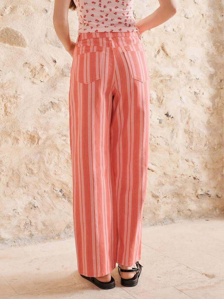 Pink Stripe High Waisted Straight Leg Jean Spring Summer Vacation Outfit Holiday Outfit French Style Parisian Style Ladies Summer Holiday Clothes Boho Pants For Women Cruise Outfit For Women Resort Wear Women's Summer Outfits