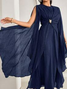 Veilorie New Design Asymmetrical Long Sleeve Waist Ruched Twist Metal Buckle Decor Elegant Lightweight Flowy Cocktail Dress - Navy Blue - View 3