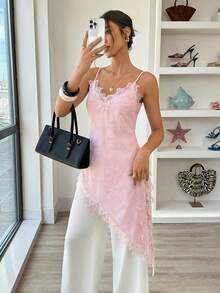 Elouméa Women's Elegant Lace Asymmetric Hem V-Neck Camisole, Suitable For Vacation, Daily Wear, Date, Spring/Summer - Pink - View 7