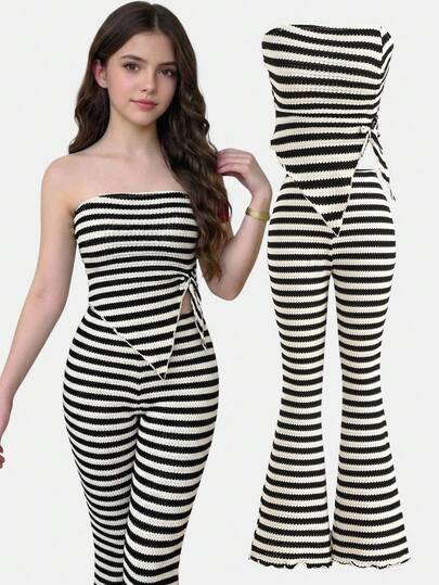 SHEIN Girlism Teen Girl 2-Piece Set: Casual Holiday Minimalist Solid Color Knit Striped Ruched Cropped Camisole Top And Flare Pants, Suitable For Valentine's Day, Dates, Beach, Cruise, Carnival, Easter And Other Occasions