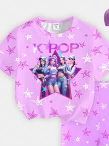 Elladie kids 春夏少女休闲时尚创意个性清新简约白紫色五角星图案T恤和骑行短裤套装，虚拟少女团体，五角星，标语印花，舒适百搭，适合春、夏、秋季穿着。 - 彩色 - 查看 6