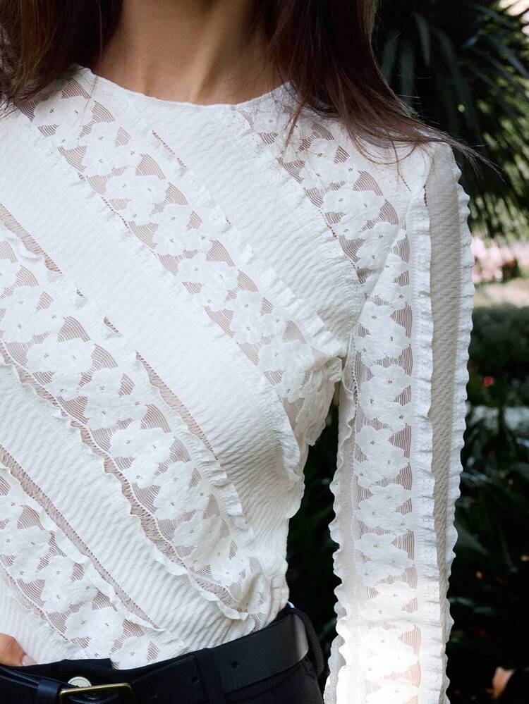 SHEIN Maija Women's Elegant Solid Color Lace Patchwork Blouse