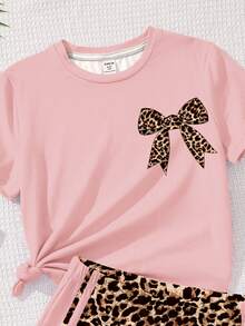 Cream Pink Retro American Leopard Print Bow Striped Pattern Summer Outfit, Teen Girl Casual Loose Round Neck Short Sleeve T-Shirt And Shorts 2-Piece Set, Suitable For Spring/Summer, Outdoor Picnic, Outing, Street Style, Home, Campus - Multicolor - View 4