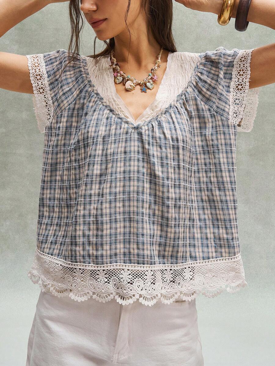 Bohemela 女士休闲编织拼接V领短袖宽松衬衫 - 藍色 - 查看 1