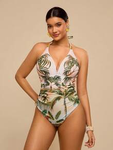 Travachic 大码休闲夏季热带沙滩彩色花卉复古印花V领性感连体泳衣 - 彩色 - 查看 4