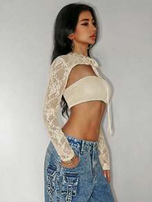 Jeanoix 女士蕾丝面料性感大胆前卫衬衫 - 杏色 - 查看 4
