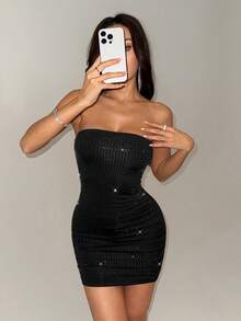 SHEIN PETITE 黑色优雅方形水晶返校礼服、大地色系生日礼服、粉彩色系无肩带迷你连衣裙 - 黑色 - 查看 5