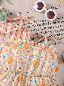 SHEIN Set de 3 piezas Mono de punto floral y a rayas lindo para bebé niña en verano - Multicolor - Ver 5