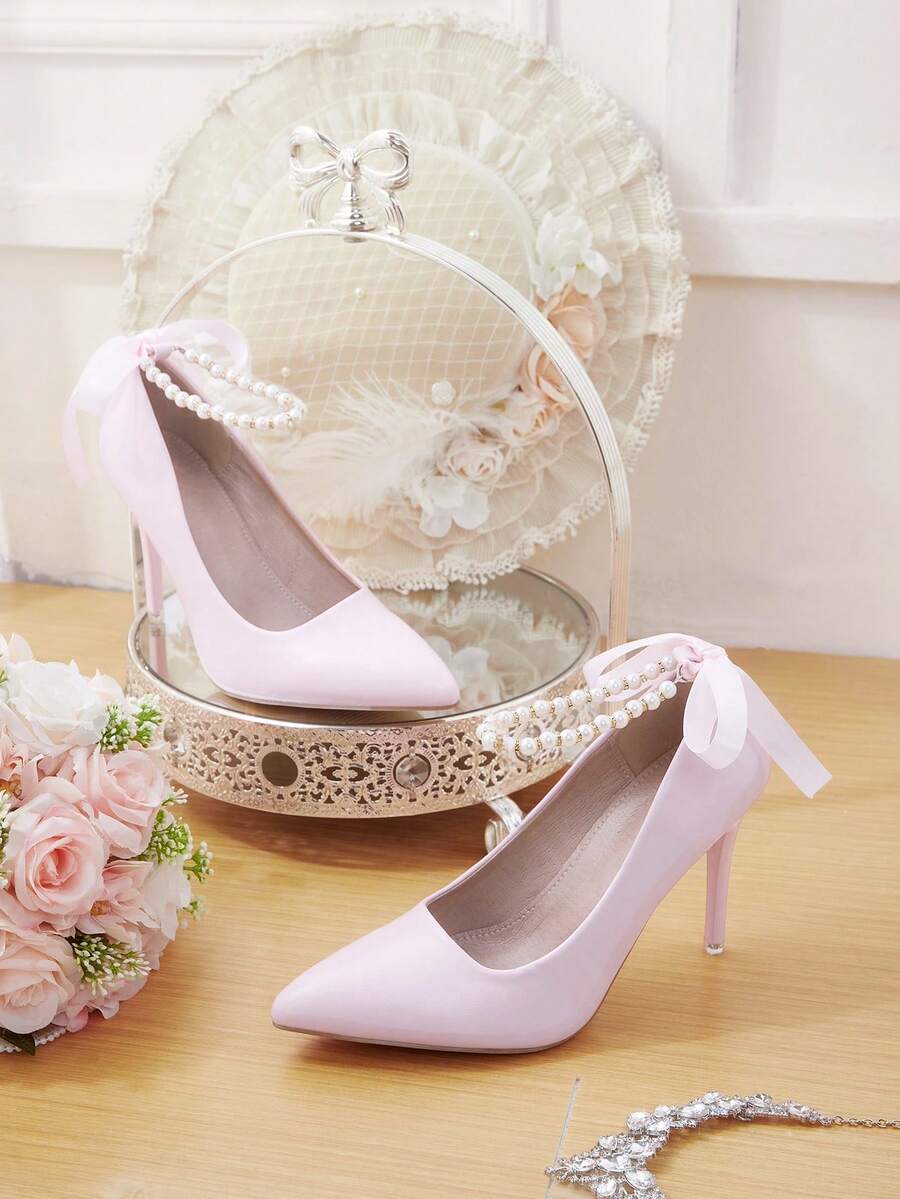 CUCCOO HITCHD Women's Spring/Summer New Fashion Versatile Cute Bow Pearl Chain Beaded Minimalist Elegant Pointed Toe Shoes, Romantic Powder Pink PU Leather Slip-On Low Vamp High Heel Pumps, Suitable For Wedding, Party, Date, All Seasons - Pink - View 1