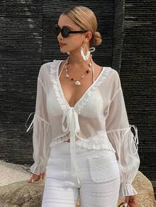 DAZY Áo tắm nữ cổ chữ V tay dài, chất liệu ren xuyên thấu, phối ren, buộc dây phía trước, thích hợp mặc ngoài biển. - trắng - Xem 2