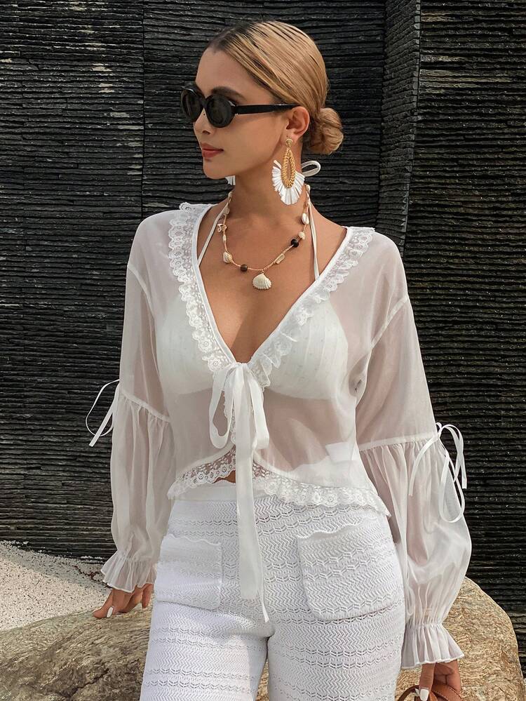 Women's V-Neck Long Sleeve Semi-Sheer Lace Patchwork Tie Front Beach Cover Up Swimsuit Summer