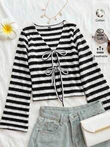 SHEIN LUNE Áo thun nữ dệt kim cotton kẻ sọc, tay loe, buộc dây phía trước, màu đen trắng. - Đen và trắng - Xem 2