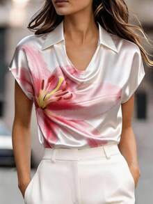 Ellegaria. 女士印花休闲百搭日常衬衫，夏季 - 白色 - 查看 3