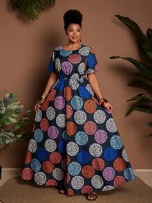 Maweii 大码女装新款优雅日常撞色印花圆领连衣裙，高端设计，腰部系带可调节，后背蘑菇扣，A字裙摆，适合度假、通勤、休闲穿着。 - 彩色 - 查看 3