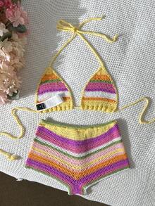 Swim Vcay Bộ đồ đi biển gồm 2 món: áo hai dây và quần đùi cạp thấp kẻ sọc nhiều màu sắc, thích hợp cho mùa xuân/hè. - Nhiều màu - Xem 2