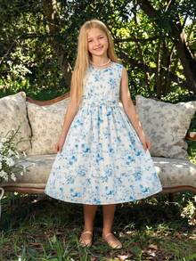 Elladie kids Girls' Elegant Ditsy Floral Sleeveless Waist Cinched Asymmetrical Hem Dress, Suitable For Casual, Vacation, Holiday, Party, Birthday And Other Occasions, Summer Kids Jacquard Dresses Blue Dresses 7 8y Kids Casual Aline Sleeveless Dresses Kids Frocks Blue Floral Dress Girls Girls Jacquard Dresses - Blue - View 11