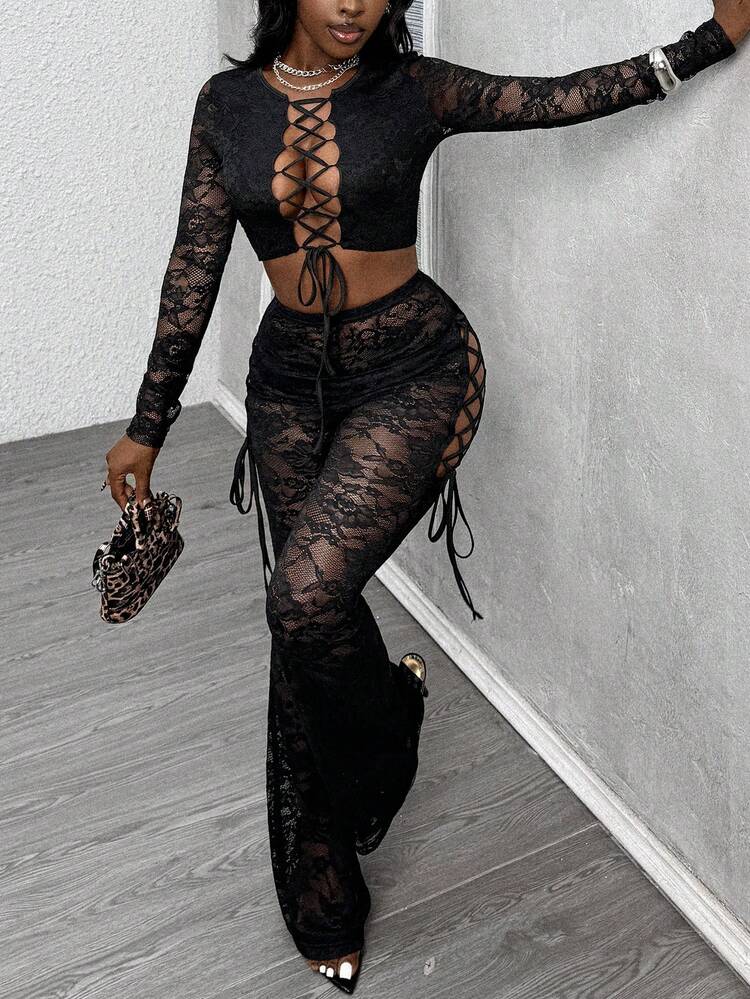 Glyssa 2pcs Women's Sexy Hollow Out Criss-Cross Tie Crop Top And Flare Leg Pants Set - Black - View 7