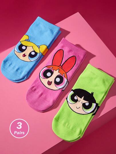 THE POWERPUFF GIRLS X SHEIN 3Pairs Soft & Breathable Moisture-Wicking Casual Candy Colored Ankle Socks Sweet Pattern Fashionable And Cute Cartoon Pink & Blue&Green Women Short Socks Reinforced Toe & Heel For Durabiliy All Season All-Match Summer Winter,Graphics Socks,Blossom & Bubbles & Buttercup