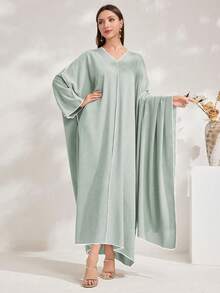 Al Najma Đầm maxi Thổ Nhĩ Kỳ dáng rộng cổ chữ V tay cánh dơi dành cho nữ - Màu xanh Bạc hà - Xem 8