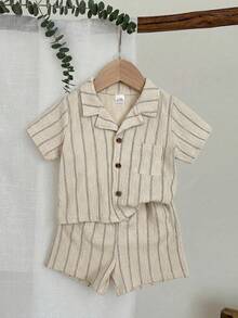 LMoss Kids 2pcs Baby Boy Contrast Color Knit Soft Collar Short Sleeve Top And Elastic Waist Shorts Set - Apricot - View 4