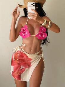 Swim SXY 3pcs/Set Women's 3D Orchid Print Halter Backless Bikini Top, Side Tie Triangle Bottoms & Mesh Mini Skirt Swimsuit Set (Floral Pattern Random) - Multicolor - View 1