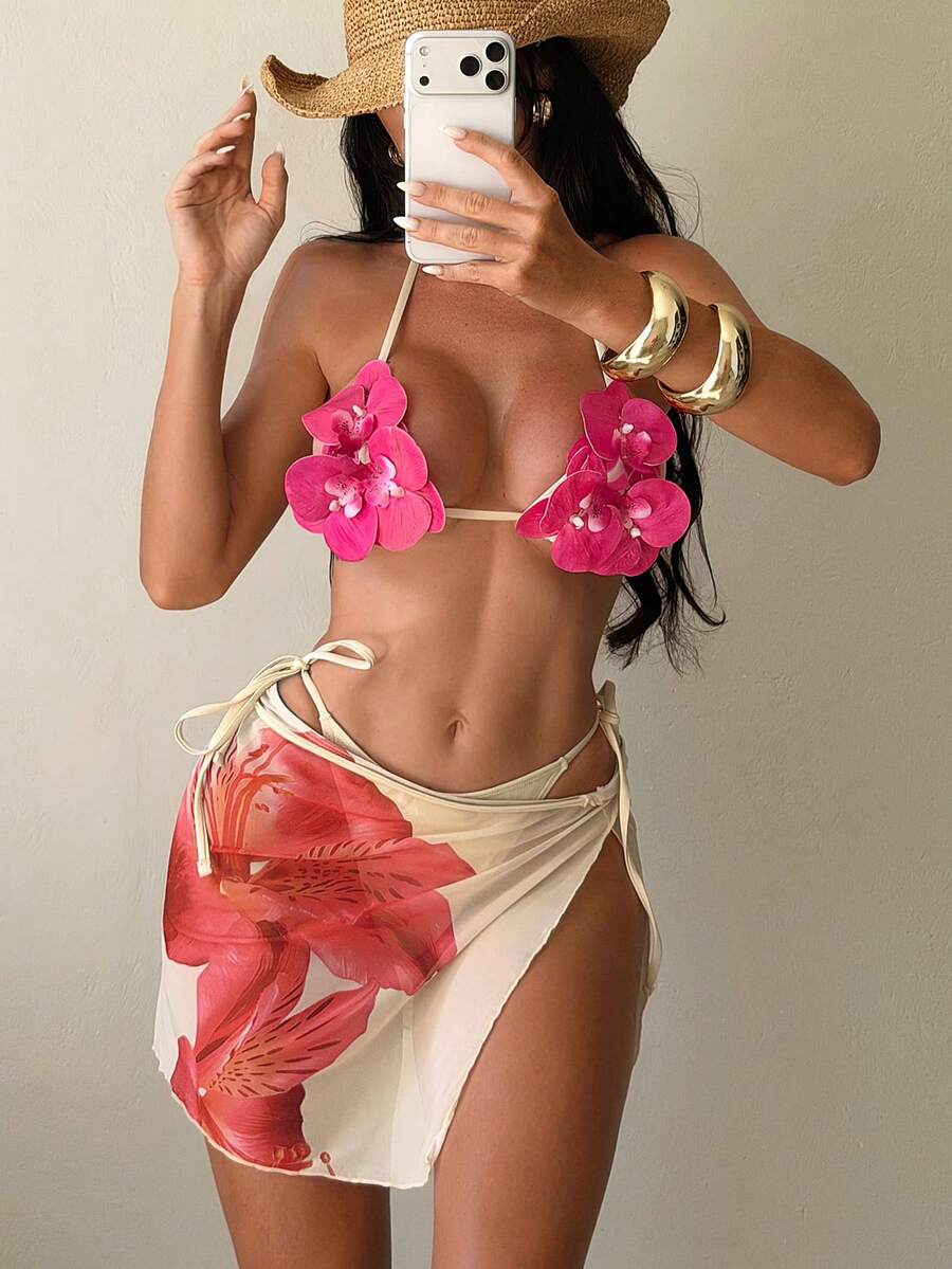 Swim SXY 3pcs/Set Women's 3D Orchid Print Halter Backless Bikini Top, Side Tie Triangle Bottoms & Mesh Mini Skirt Swimsuit Set (Floral Pattern Random) - Multicolor - View 1
