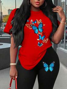 Maweii 女士蝴蝶印花圆领短袖T恤和打底裤休闲两件套 - 彩色 - 查看 3