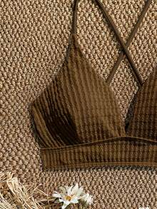Swim SXY 女士夏季沙滩纯色系带性感比基尼上衣 - 咖啡棕 - 查看 5