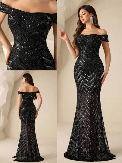 Coutiva Elegancka suknia wieczorowa z cekinami i odkrytymi ramionami