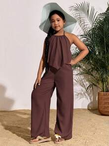 SHEIN Conjunto de top halter de unicolor y pantalones de pierna ancha casual de vacaciones para niñas preadolescentes - Marrón - Ver 3