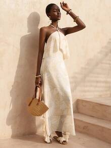 Vesra Women's Elegant Summer Vacation Floral Print Halter Neck Ruffle Hem Dress - Multicolor - View 6