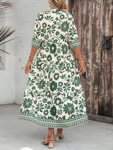 LUNE Vestido casual de mujer con cuello en V, largo medio, bajo con abertura y parches, para primavera/verano - Multicolor 3 - Ver 2