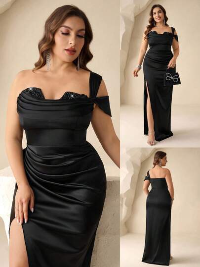 Coutiva Vestido de noche formal elegante con un hombro y abertura alta en el muslo, con pliegues en la cintura para mujer de talla grande