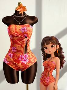 Zestiva 2pcs Women's Tankini Set, Halter High Waist Swimwear With Drawstring, Lily Flower Print, Bohemian Style For Beach, Pool Party, Spring/Summer - Multicolor - View 1