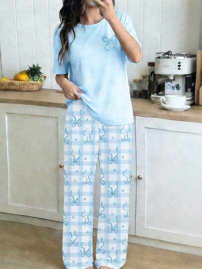 Teenager Mädchen 2-teiliges Pyjama Set, bestehend aus Schleifendruck Strick Rundhals Kurzarm Top und karierter Schleife Herz Muster lässige bequeme Hose, Sommer