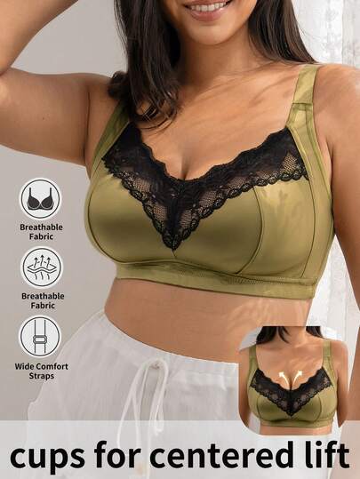 1pc Glossy Lace Patchwork Full Coverage Women's Bra