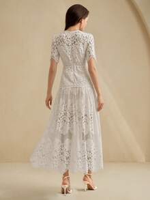 Anewsta Abito casual da donna con maniche corte, vita stretta e pizzo bruciato, adatto per le vacanze - Beige - Visualizzare 7