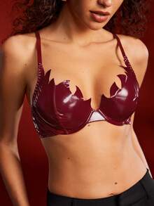 EmpressEnvy 酒红色 Y2K 朋克性感钢圈聚拢火焰 PU 拼接迷人性感外套，适合音乐节、派对、度假，派对女王女士文胸 - 酒紅色 - 查看 6