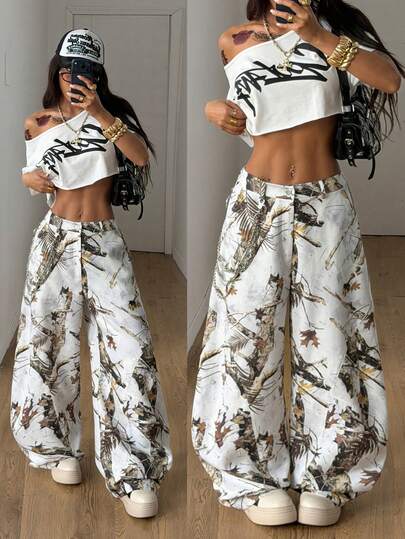 Coolane Summer Outfits For Women Streetwear Casual Vintage Going Out Y2K Forest Tree Branch Pattern Camo Baggy Low Rise Banana Pants,Casual Outfit For Women