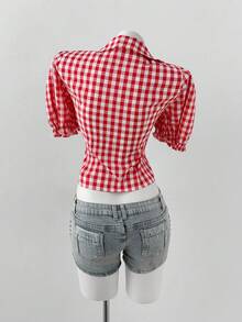 Sunspun Sweet & Spicy Red & White Plaid Petal Sleeve Shirt Women, Cropped Tie-Waist Retro Slim Fit Blouse - Red - View 2