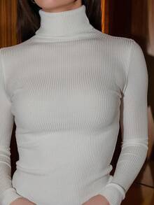 Bris Aura Basic Turtleneck Ribbed Knit Sweater Without Necklace,Long Sleeve Tops Knit Pullover Fall Winter Outfit - White - View 4